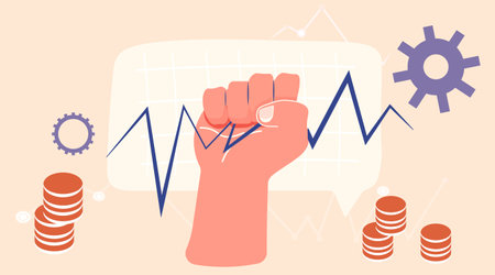 Fist economic crisis trade war concept rising graph gears coins abstract financial downturn pastel background business bannerのイラスト素材
