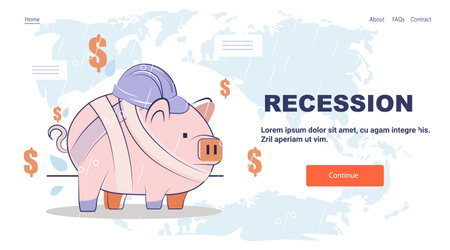 Piggy bank recession crisis financial downturn concept injured pig with bandages and helmet dollar signs world map background website bannerのイラスト素材