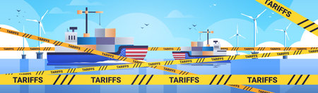Trade war illustration featuring cargo ships with containers and flags surrounded by tariff tape against a blue sky with wind turbines and birdsのイラスト素材