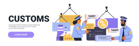 Customs officers discussing tariffs with shipping containers and documents in background. Colorful elements depict trade and tariff themes. Website bannerのイラスト素材
