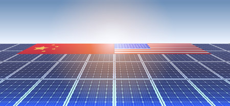 China US trade war solar energy concept flags on solar panels representing competition in renewable energy technology blue sky backgroundのイラスト素材