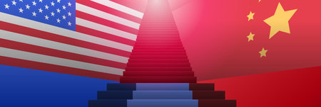 USA China trade conflict concept with flags and a central staircase symbolizing tension between nations. Bold colors and dynamic layoutのイラスト素材