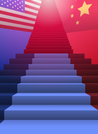 Staircase between US and China flags symbolizing trade war economic rivalry gradient background abstract designのイラスト素材