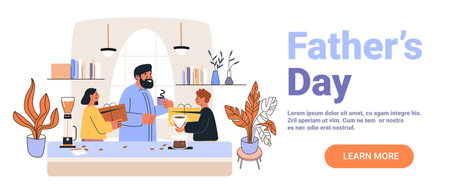Fathers Day family celebration kitchen coffee gift giving cheerful people houseplants cozy home interior web bannerのイラスト素材