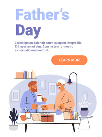 Father and son celebrating Fathers Day together smiling sharing coffee gifts books cozy home interior modern flat designのイラスト素材
