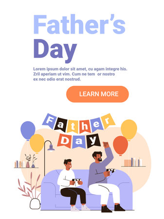 Father and son playing video games celebration living room balloons festive home decor modern website bannerのイラスト素材