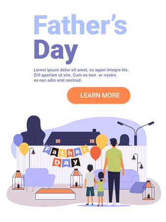 Fathers Day celebration family backyard balloons children father festive outdoor scene sofa lanterns modern flat website bannerのイラスト素材