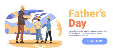 Father with children celebrating Fathers Day outdoors family bonding giving flowers modern flat design website bannerのイラスト素材
