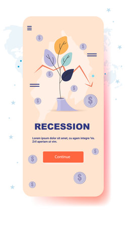 Recession economic crisis plant with falling leaves declining graph dollar coins pastel colors mobile app screen templateのイラスト素材