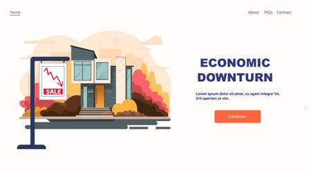 House for sale economic downturn crisis concept modern home with falling graph sign autumn landscape website banner templateのイラスト素材