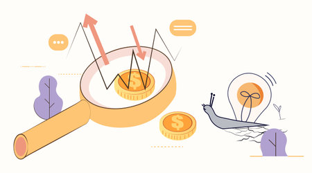 Magnifying glass coin graph arrows snail lightbulb financial crisis recession downturn slow growth concept abstract background website bannerのイラスト素材
