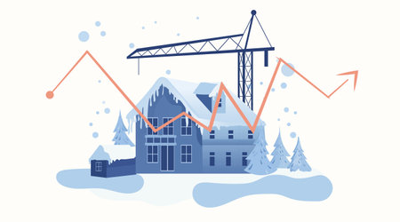 Real estate crisis recession falling housing market graph snowy house construction crane winter landscape economic downturn blue palette bannerのイラスト素材