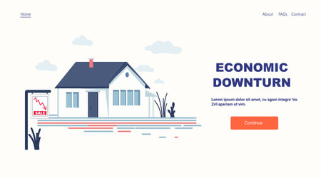 Economic downturn house for sale crisis concept residential property with declining graph sign blue modern home clouds minimal website landing pageのイラスト素材