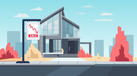 Modern house real estate price drop crisis residential property with declining graph sign autumn cityscape background website bannerのイラスト素材