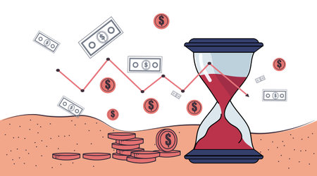 Economic recession financial crisis hourglass declining graph coins bills money loss concept sand background modern bannerのイラスト素材