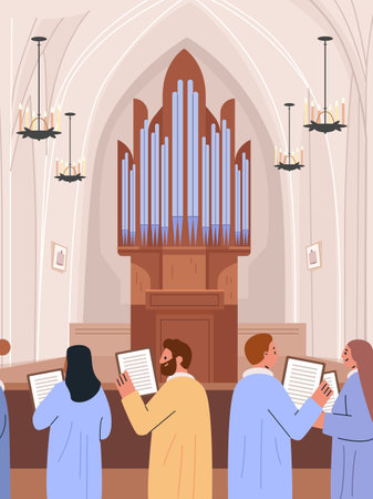 Church choir singing organ music performance stained glass interior candles people in robes holding sheet music gothic architecture flat designのイラスト素材