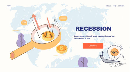 Economic recession crisis magnifying glass declining graph coins world map background rainy weather snail lightbulb website bannerのイラスト素材