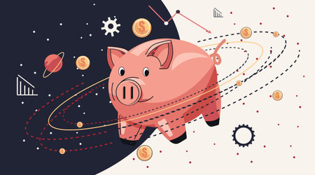 Piggy bank economic crisis recession concept piggy bank floating in space surrounded by falling coins declining graphs gears abstract backgroundのイラスト素材