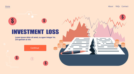 Investment loss financial crisis broken contract falling graph coins stacks red chart website bannerのイラスト素材