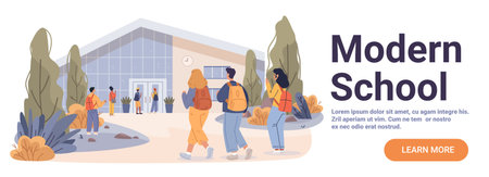 Modern school building students backpacks outdoor campus contemporary architecture landscape website bannerのイラスト素材