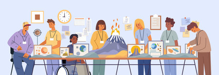 Students science project teamwork volcano experiment diverse group working models charts classroom...