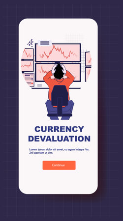 Currency devaluation financial crisis stressed trader monitors falling stock charts dark background modern mobile app screenのイラスト素材