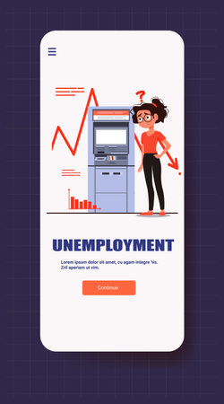 Unemployment crisis woman ATM financial downturn chart mobile app screen economic recession red arrow bar graph dark backgroundのイラスト素材