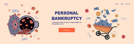 Personal bankruptcy crisis concept open safe coins money wheelbarrow cash falling financial loss landing page templateのイラスト素材