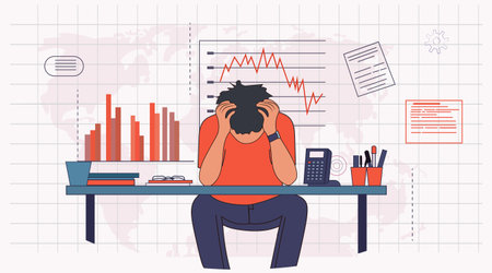 Economic crisis recession financial stress businessman worried at desk with declining graph chart calculator office supplies modern flat workspace backgroundのイラスト素材