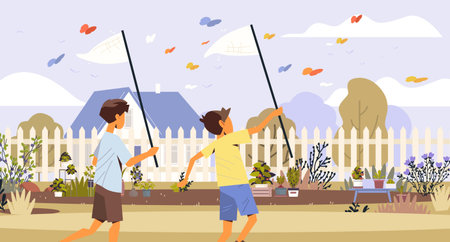 Children butterfly catching outdoor activity backyard garden plants white fence house summer day colorful insects playful sceneのイラスト素材