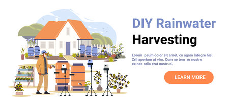 DIY rainwater harvesting sustainable home garden barrels man recording setup nature plants modern flat design bannerのイラスト素材