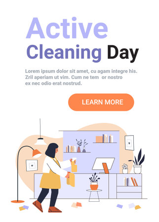 Woman cleaning living room modern home interior plants furniture computer spray bottle cozy domestic scene pastel colors website bannerのイラスト素材