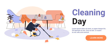Man vacuuming living room cleaning house chores modern furniture cozy home decor carpet colorful paper flat website bannerのイラスト素材
