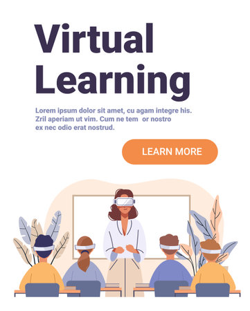 Virtual learning classroom students teacher VR headsets modern technology interactive lesson plants white background website bannerのイラスト素材