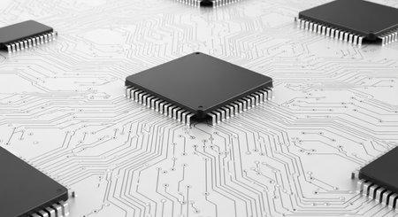 A close-up view of multiple computer chips arranged on a white circuit board, illustrating the intricate connections and sophisticated design of modern electronics.の素材