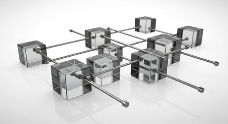A grayscale image showcasing a network of transparent cubes connected by rods, suggesting a technological or conceptual structure.の素材