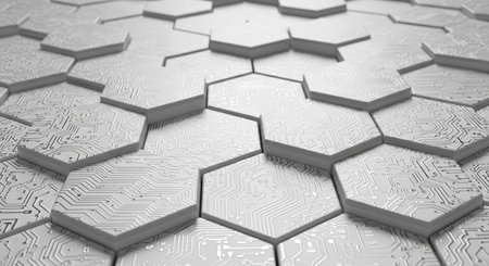 A close-up of an abstract hexagonal pattern, showcasing a modern geometric design with subtle textures and a monochromatic color scheme.の素材