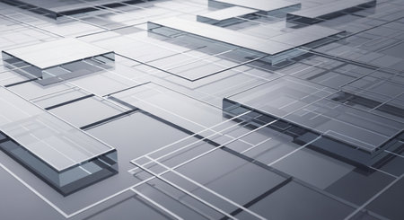 An artistic composition featuring a modern architectural design with a complex arrangement of geometric shapes and reflective surfaces, creating a sense of depth and complexity.の素材