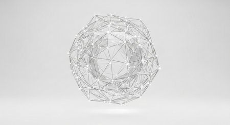 A detailed 3D rendering of a transparent sphere composed of interconnected lines and nodes, creating a complex geometric pattern.の素材
