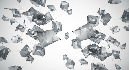 A dynamic composition of translucent, geometric crystal shards shattering and dispersing against a clean white background.の素材