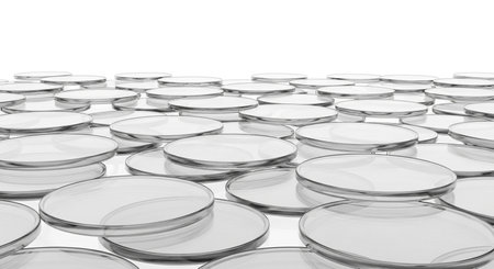 A minimalist, high-angle view of numerous petri dishes stacked closely together, creating an abstract pattern suitable for scientific or medical backgrounds.の素材