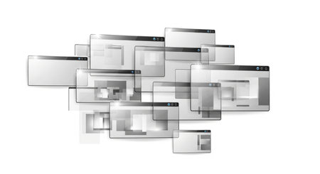 A chaotic arrangement of numerous semi-transparent browser windows, each displaying generic web content, creating a sense of digital clutter and the vastness of online information.の素材