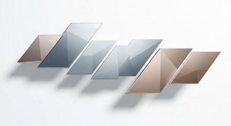 A series of overlapping geometric shapes in shades of gray and beige create an abstract pattern on a clean white background.の素材