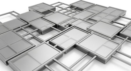 Monochromatic 3D illustration of an intricate system of interconnected metallic grids and frames. The geometric design suggests concepts of technology, architecture, or complex systems.の素材