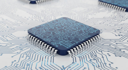A detailed view of a central processing unit chip on a complex circuit board, showcasing intricate electronic pathways.の素材
