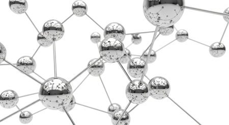 A visually striking image featuring numerous shiny, chrome-like spheres interconnected by thin lines, creating an intricate network or molecular structure against a clean white background. The metallic reflections add depth and a futuristic feel to the abstract composition.の素材