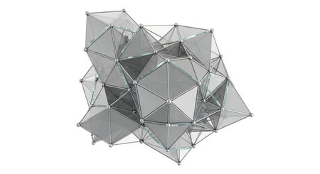 A complex, three-dimensional abstract geometric form with a wireframe overlay, showcasing interconnected polygons and vertices on a white background.の素材