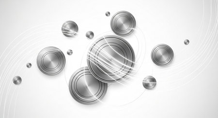 Modern abstract vector illustration featuring glossy brushed metal circles and spheres on a light grey background. Futuristic technological and industrial concept design.の素材