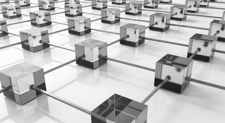 A network of transparent cubes connected by lines, symbolizing data flow and interconnectedness in a digital environment.の素材