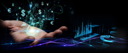 A hand reaching out to grasp financial symbols and digital graphs, representing the future of fintech and investment.の写真素材
